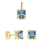 Parure pendentif et puces, pierre bleue carre, or 18 carats et zircon - essy