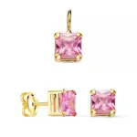 Parure pendentif et puces, pierre rose carre, or 18 cts et zircon - emmy