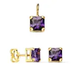 Parure pendentif et puces, pierre violette carre, or 18 cts et zircon - elly