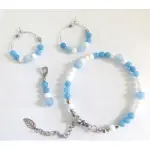 Parure thalassa - collier, boucles & bracelet en acier gris avec aigue - marine & calcdoine blanche