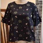 Blouse noire fluide brod�e de fleurs beige, blanches et roses