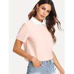 Blouse rose, col blanc avec fausses perles, manches courtes tm