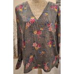 Blouse vichy noire et blanche � l'imprim� fleuri multicolore