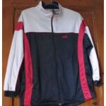 Blouson � fermeture �clair - marine, empi�cement blanc et bandes rouges - 100% polyester - aspect brillant ...