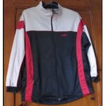 Blouson  fermeture clair - marine, empicement blanc et bandes rouges - 100% polyester - aspect brillant ...
