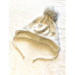 Bonnet oba�bi blanc chaud pompon fils argent�s pois gris argent� attache ficelles accessoire b�b�s