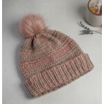 Bonnet tricot� rose poudr� & beige - pompon doux - tendance & chaud !