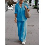 Chemise en lin de coton grande taille pour femmes, pantalon large taille haute, ensemble 2 pièces Élégant, ... Chemise en lin de coton grande taille pour femmes, pantalon large taille haute, ensemble 2 pièces Élégant, ...