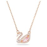 Collier dazzling swan, cygne, rose, placage de ton or ros�