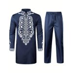 Ensemble 2 pices africain pour hommes, tunique traditionnelle ethnique imprime florale et pantalon, ...