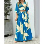 Haut court et pantalon  jambes larges pour femmes, taille haute, col en v dcontract, manches lanterne, ...