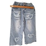 Jeans � jambe large avec taille �lastique - coeurs d�chir�s