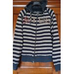 Jolie veste sweat guess 100% laine d'agneau double coton  capuche. raye bleu / gris. txl