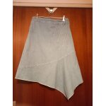Jupe mi - longue asymtrique en jean quartz, taille 38, coloris bleu clair, 3 bandes en biais en surpiqres ...