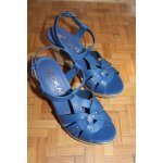 Nu pieds  brides neufs kookai au joli cuir bleu vif , talons compenss faux bois et bord d'un fin liser ...