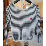 Pull fin court, ray� �cru ray� bleu marine molly bracken. dos d�collet� profond lac�.
