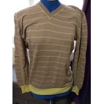 Pull marron beige À lignes vert pâle - col en v - devred - taille l Pull marron beige À lignes vert pâle - col en v - devred - taille l