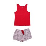 Pyjashort rouge. debardeur et short. decor bouches. tex. coton. taille l / 40