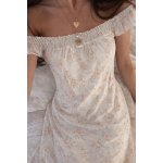 Robe blanche fleurie �paules d�nud�es smock�e taille s midi romantique �t�