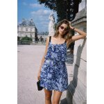 Robe courte naf naf dos nu bleu motif vintage col carr� backless blue dress