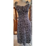 Robe fluide mi - longue fendue noire imprim�e blanc