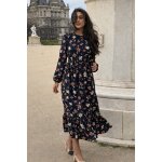 Robe longue noire fleurie manches longues fluide � taille s � �l�gante & f�minine