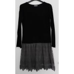 Robe noire en laine. dentelle en tulle gris asym�trique. promod. coton. taille 38