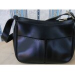 Sac  main en cuir noir minelli - modle ancien vintage lgant - anse rglable par trous et boucle dore ...