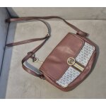 Sac � main fossil en cuir brun et toile motif bandouli�re r�glable