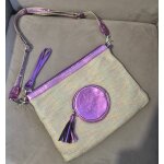 Sac vintage pourchet beige multicolore et cuir violet bandouli�re r�glable