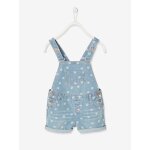 Salopette courte en jean fille - denim bleached fleurs (vertbaudet)