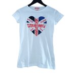 T shirt blanc a coeur multicolore drapeau anglais. in extenso. taille 14 ans