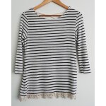 T shirt blanc ray� noir. d�cor crochet. lani�res au dos. pimkie. viscose. elasthanne. taille 36