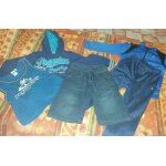 T - shirt � capuche manches longues marine + d�bardeur bleu + short jeans long bleu + veste de jogging ...