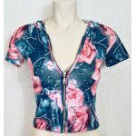 T - shirt  capuche zipp manches courtes imprim jean bleu / roses s 34 / 36