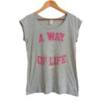 T shirt gris inscription rose et blanche. domyos. coton. viscose. taille 36