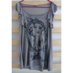 T - shirt gris � visage de femme, strass, cha�nette et pierre. pimkie. taille 38