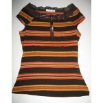 T - shirt promod raye orange - marron - jaune col bateau avec dentelle