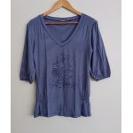 T shirt raye gris et bleu imprime fleurs a fronces. manches 3 / 4. in extenso. taille 38