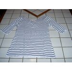 T - shirt tee - shirt grand col v manches courtes taille courte blanc avec petites rayures noires taille ...