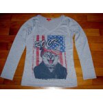 T - shirt tee shirt manches longues col v gris gros motif poitrine chat rock et drapeaux amricain tissaia ...