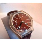 Swatch gent vintage bordeaux montre homme cadran rouge bracelet cuir swiss fonctionne