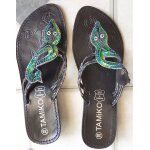 Tamiko � tongs en cuir noir � talon 3 cm forme serpent brod� avec sequins paillettes coloris bleu & vert ...