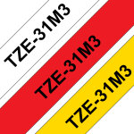 Brother tze - 31m3 - noir sur rouge, noir sur blanc, noir sur jaune - rouleau (1, 2 cm x 8 m) 3 cassette(s) ...