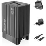 Chargeur usb c 65w, adaptateur d'alimentation usb c gan iii pd 3 ports, chargeur rapide, prise de voyage ...