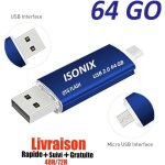 Cl� usb 64 go 2 en 1 micro usb drive pour android smartphones tablette pcs 100 % r�el 2. 0 bleu