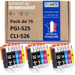 Comete, marque fran�aise 525xl 526xl - 15 cartouches d'encre compatibles avec canon pgi - 525 cli - 526 ...