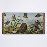Grand tapis de souris gaming pour bureau hibou et petits oiseaux sur chene, feuilles vertes dans un paysage ...