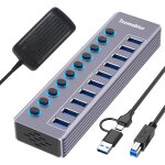 Hub usb aliment� � 10 ports aluminium usb 3. 0 data hub avec interrupteur s�par� led, adaptateur d'alimentatio ...