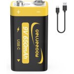 Piles 9v rechargeable 650mah, pile 9v lithium rechargeable usb c 1pcs pour dtecteur de fume